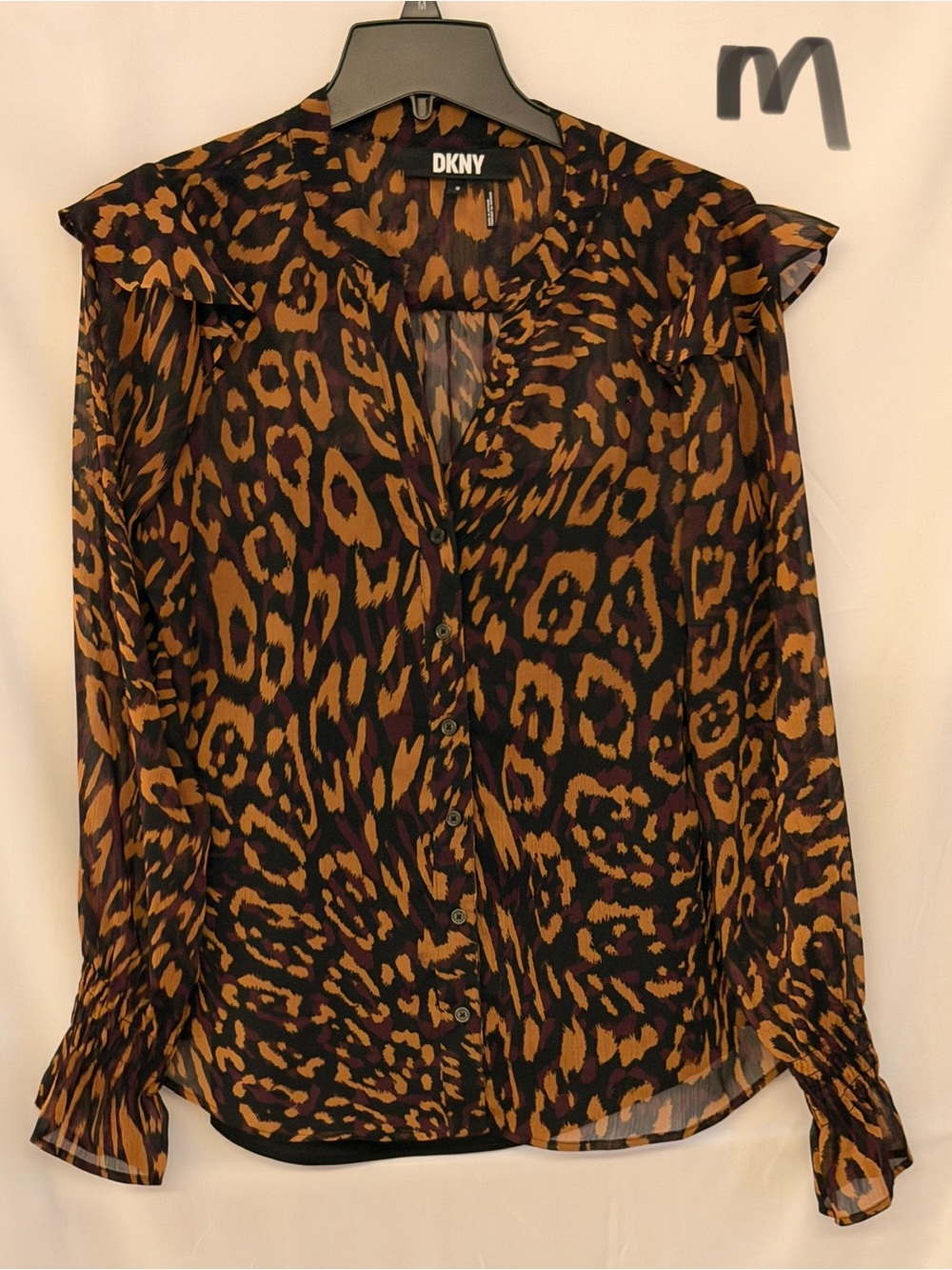 DKNY Brown and Black Leopard-Print Button Front Blouse